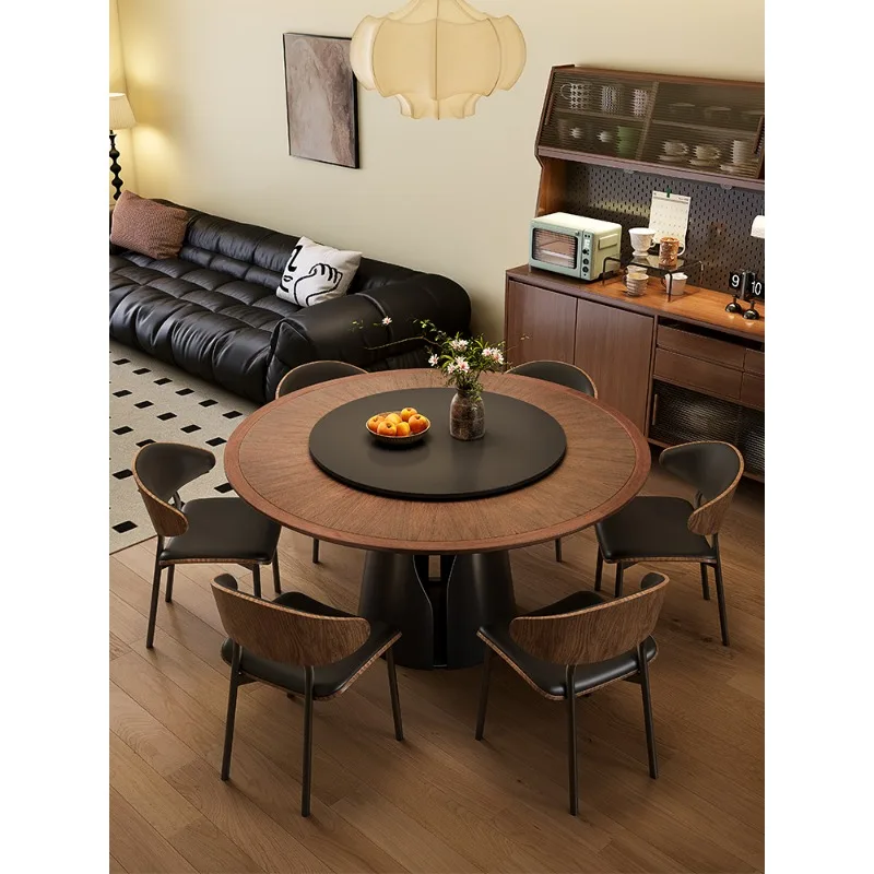 

Black walnut solid wood dining table with turntable modern simple Italian round household round table eating table rock slab