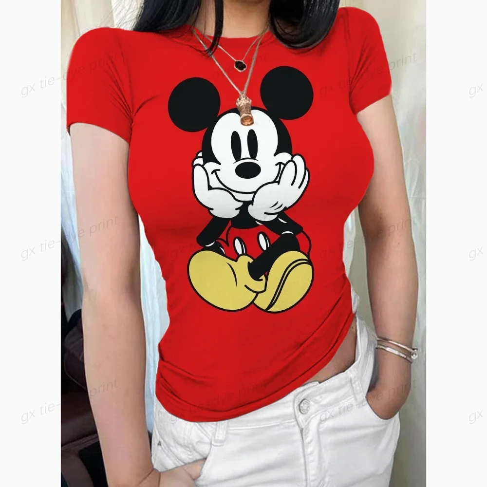 Tops de manga curta do Mickey Mouse feminino, gola redonda, camiseta de forro duplo, ajuste fino, camiseta básica, nuvem de fumaça, coleção profissional