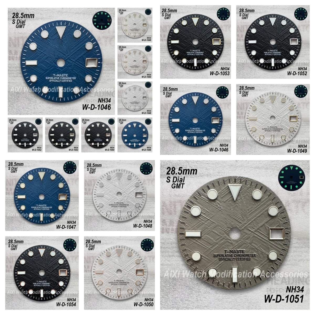 28.5mm S 로고 새로운 스타일 GMT 운석 다이얼 맞는 NH34 일본 운동 녹색 빛나는 시계 수정 액세서리