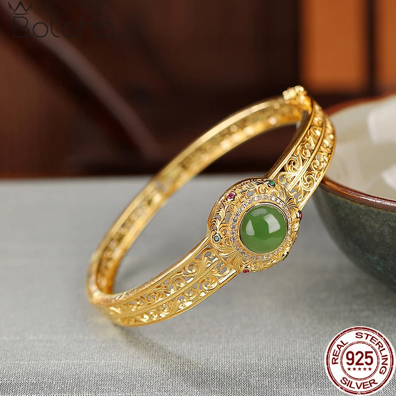 

S925 Sterling Silver Gold-plated Hotan Jade Jasper Hollow Ruyi Round Bead Bracelet Antique Luxury Fashion Bracelets