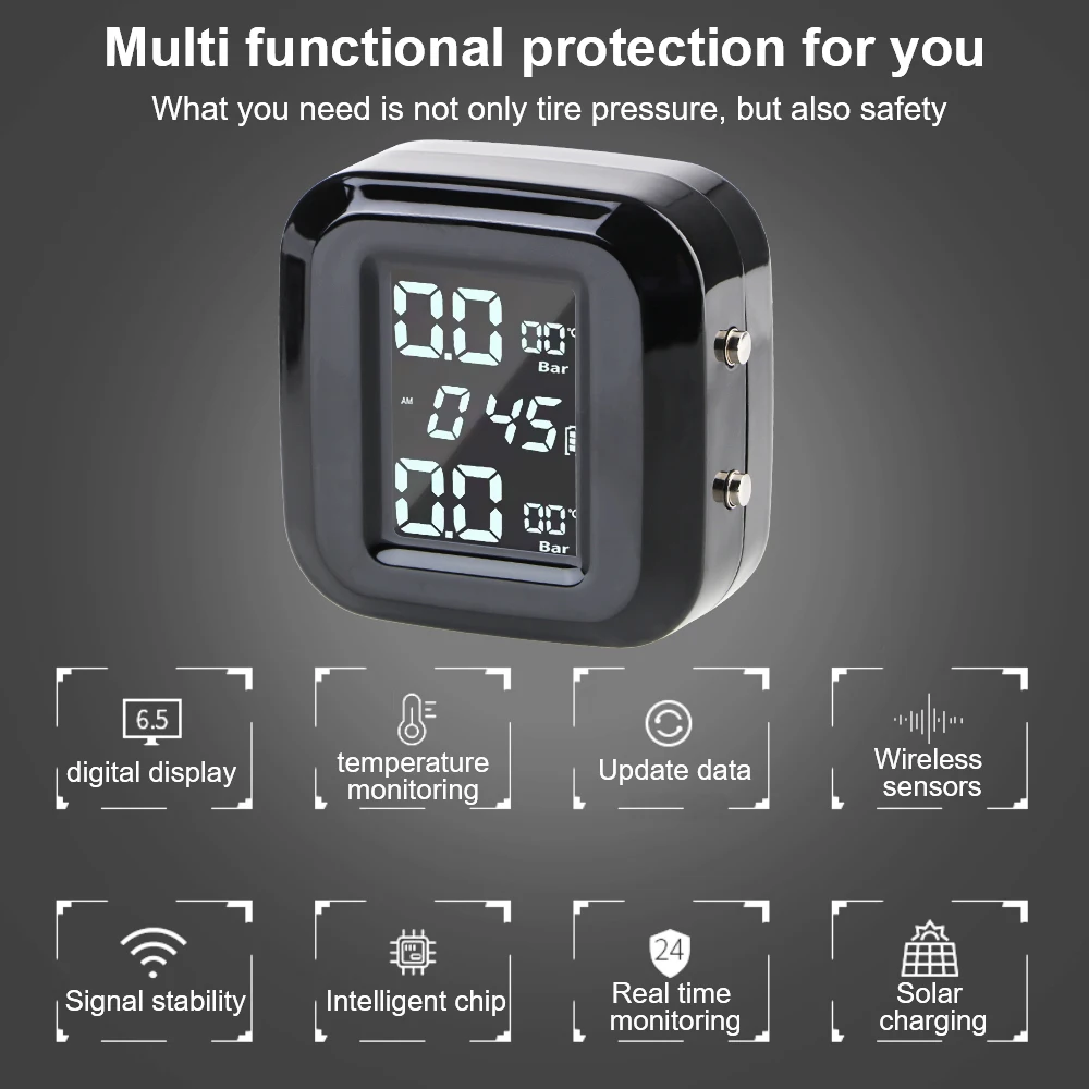 دراجة نارية TPMS نظام مراقبة ضغط الإطارات 2 أجهزة استشعار شاحن USB بالطاقة الشمسية ساعة رقمية إنذار الأمن دراجة نارية اختبار الإطارات