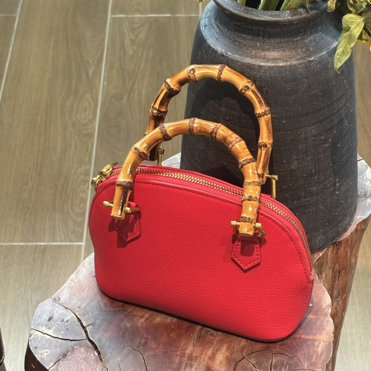 

FIRMRANCH Classic Mini Shell Design Retro Bamboo Handbag Shoulder Boston Bag High-grade Goat Skin Women's Crossbody Purse Hobos