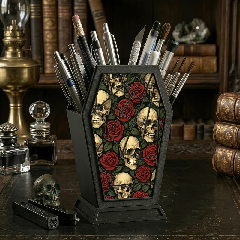 

Skull & Red Rose Coffin Pen Holder Gothic Horror Aesthetic Desk Organizer, Spooky Spider Web Stationery Caddy for Home Office Ha