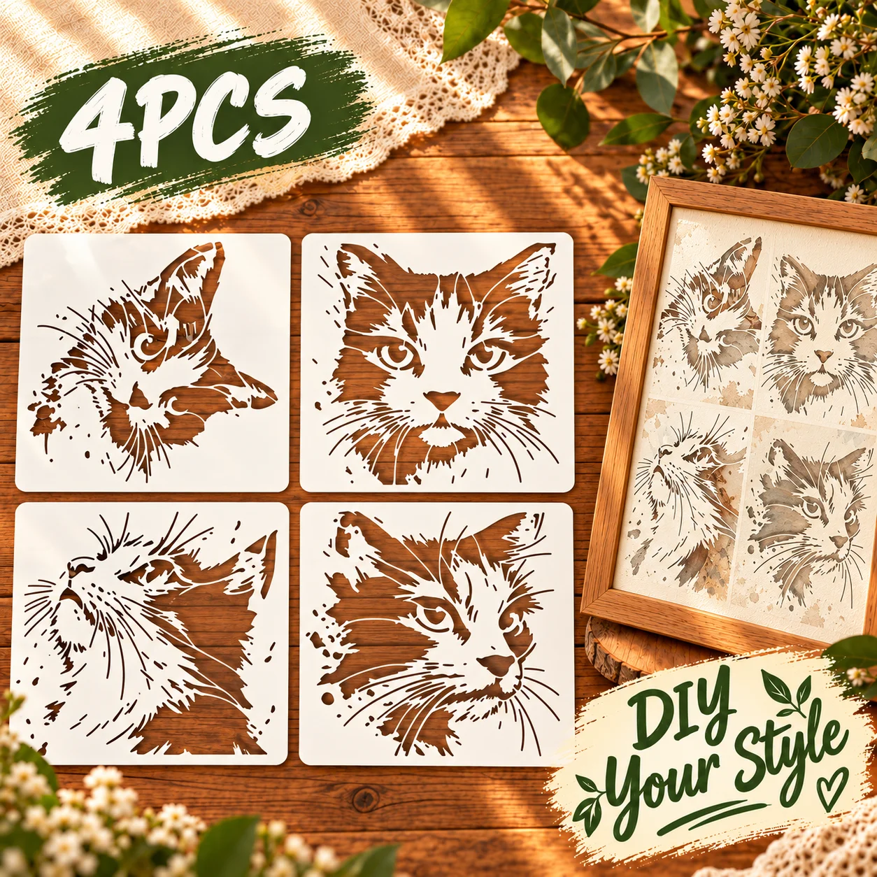 4pcs Cat Face Pattern Stencils with Abstract Cat Face Painting Stencil PET Cats Graffiti Stencils Themes Template for Wall & DIY