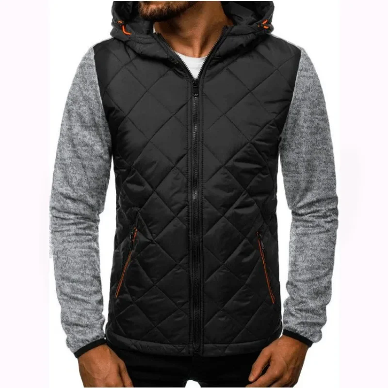 2024 New Men's New Casual Fashion Zipper Hooded Sweatshirt Jacket Color Blocked Checkered Cardigan