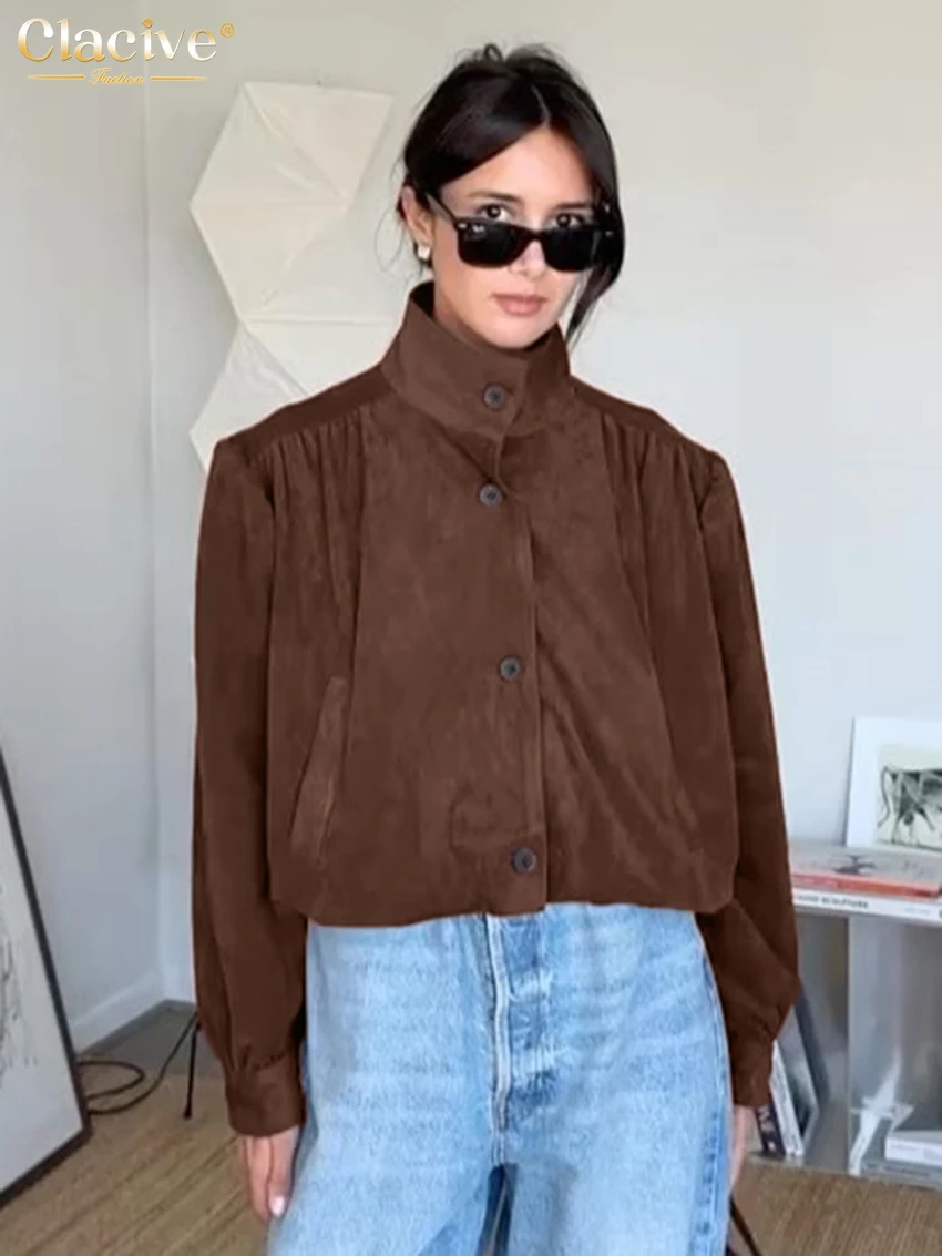 Clacive Winter Lose Braun frauen Hemd 2025, Mode Stehen Kragen Langarm Shirts Elegante Klassische Solide Top Weibliche Kleidung