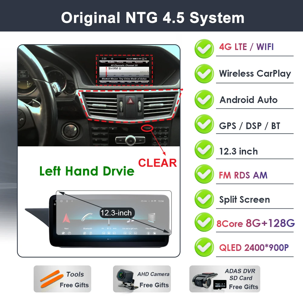 Draadloze Carplay voor Mercedes Benz E-Klasse W212 2009-2015 Android 16 autoradio video DSP stereo GPS QLED touchscreen 4G WiFi BT