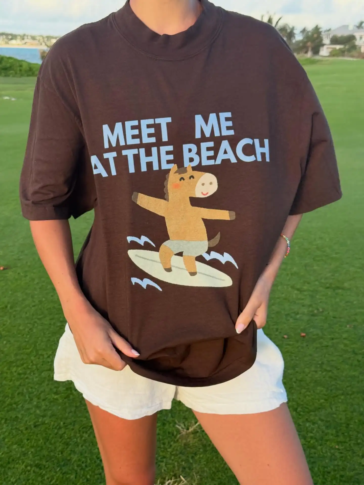 Retro American Summer Ocean Surf  Print Spicy Girl Loose Pure Cotton Short Sleeve T-Shirt Women's Vintage Style round Neck
