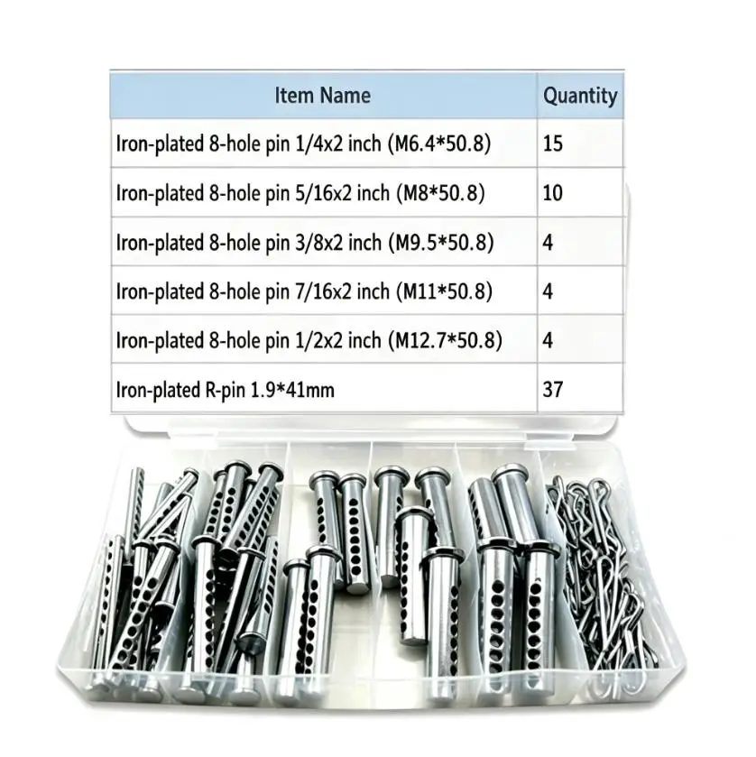 74pcs Galvanized Iron Cotter Pin Kit 37 Sets 8 Hole R Type Pins For Agricultural Machinery Trailer Garden Equipment Hardware