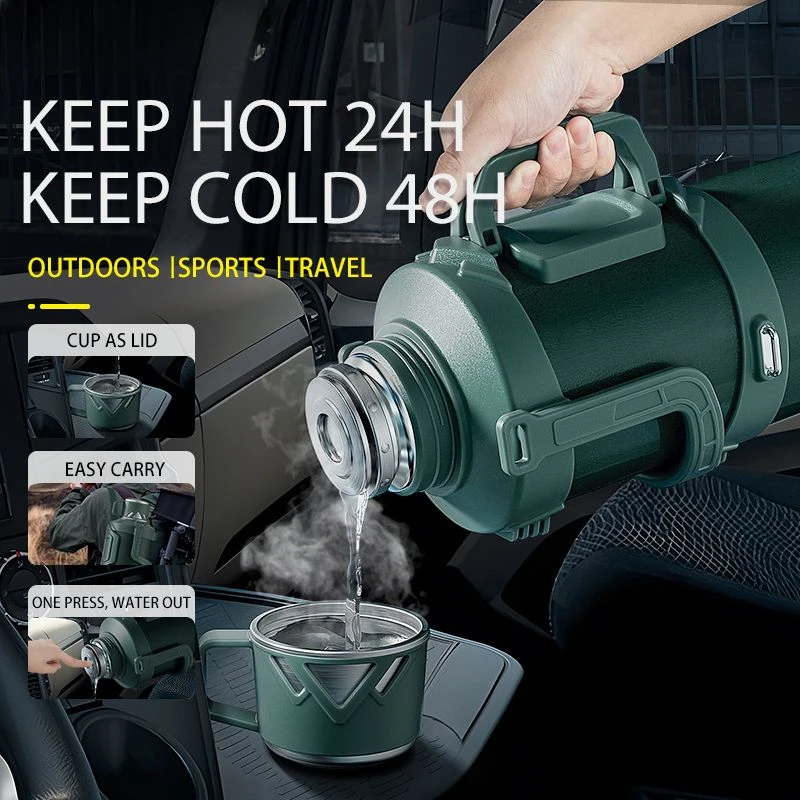Green Stainless Steel Insulated Thermos Water Bottle, Large Capacity, Portable, Perfect for Tea, 4L, 5L