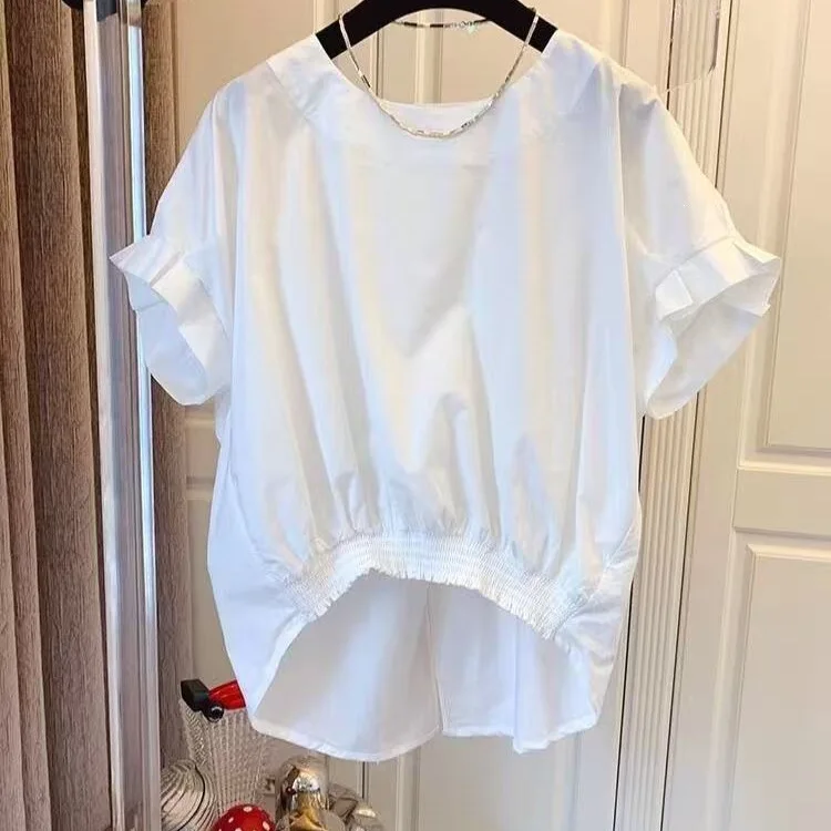 Women's Gathered-Waist Blouse, Round Neck Batwing Short Sleeve with Back Tie Bow, Loose-Fit High-Low Hem Casual Shirt
