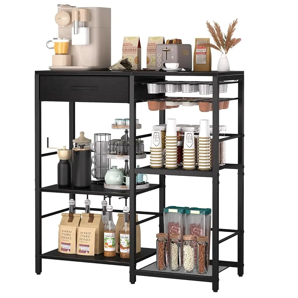 

Coffee Bar with Integrated Storage,5-Tier Coffee Bar Cabinet with Drawers,Kitchen Coffee Bar Table with 2-Layer Capsule Drawe