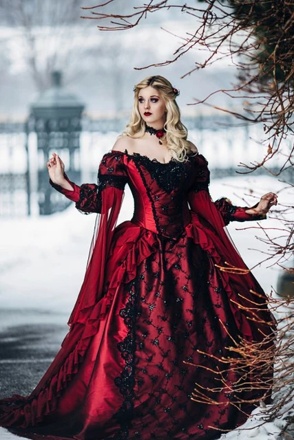 Medieval Ball Gown Gothic princess Prom Dresses Belle red gold Victorian  Renaissance Wedding Dress Flowing Sleeves Gown