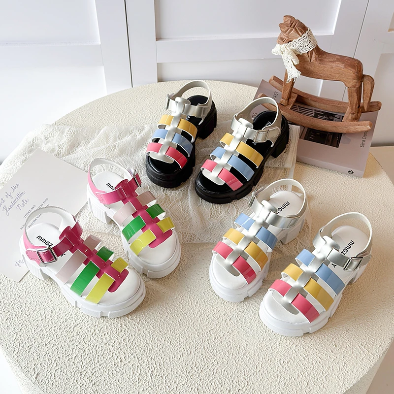 Girls Rainbow Gladiator Sandals Chunky Fashion Chic Kids Summer Shoes Hook-loop Hollow-out Casual Daily Children Sandal 27-36