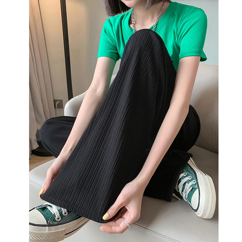 Women\'s Ice Silk Wide Leg High Waist Pleated Straight Loose Straight Thin Casual Dragging Trousers Summer Pants Korean Clothing