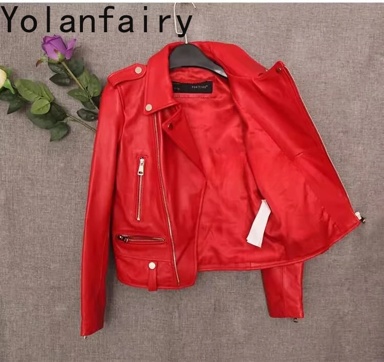 YOLANFAIRY 천연 가죽 재킷 여성 봄 가을 슬림핏 리얼 양가죽 코트 짧은 레드 가죽 재킷 여성 2025