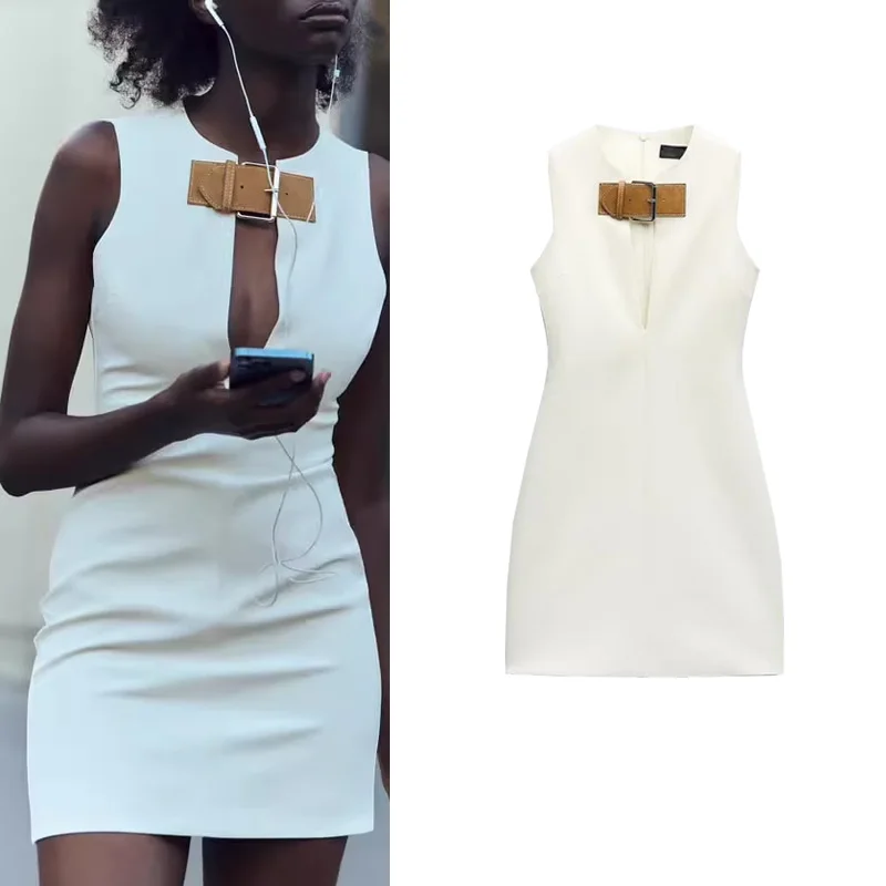 Vestido Slimming de Primavera com Design Novo e Cinto, Estilo E para o Dia a Dia, Saia Curta de Fibra de Poliéster com...