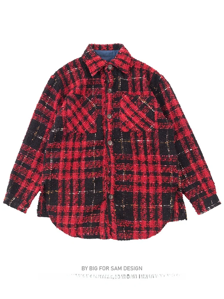 Bigforsam American Style Loose Men's Plaid Woolen Shirt Couple's Asymmetric Black White Grids Coat Youth Fashion Autumn Wear