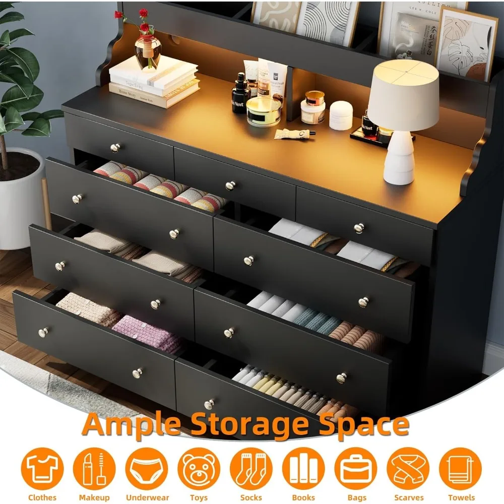 LED-beleuchtete Ladestation aus schwarzem Holz mit 9 Schubladen für Schlafzimmer und Sicherheit im Eingangsbereich