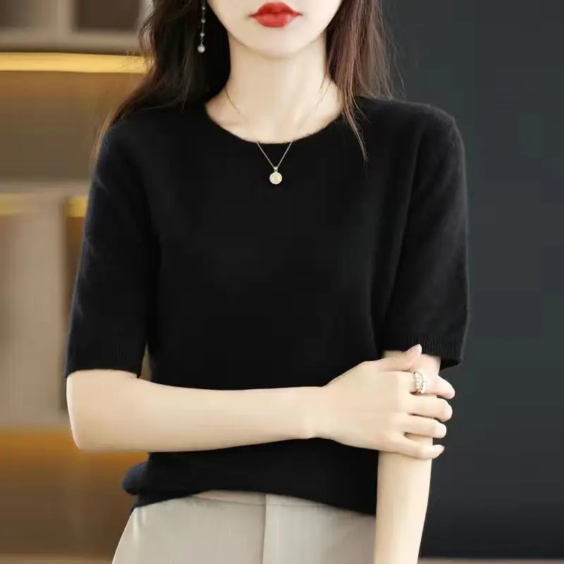 Women Knit Tshirts Causal Elegant Knitwear Short Sleeve T-Shirt Ladies Summer Thin Fashion O-Neck Loose Tee New Pullover Q313