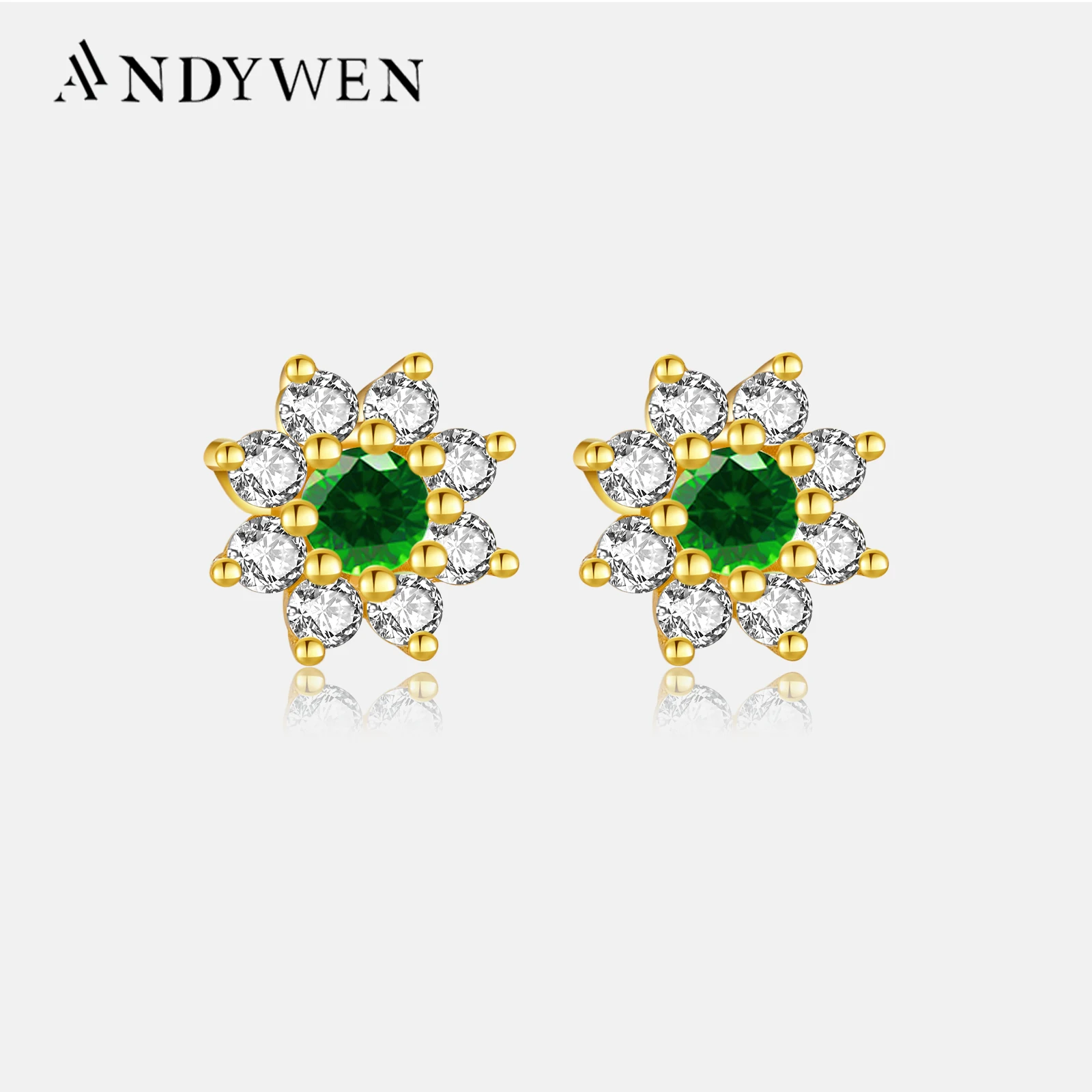 

ANDYWEN 925 Sterling Silver 2023 Blue Green Zircon CZ Sunflower Stud Earring Piercing Pendiente Luxury Jewelry Clips Party