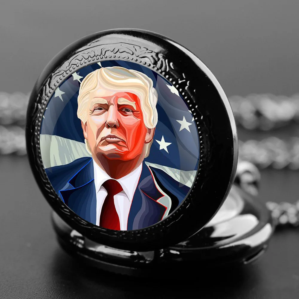 Donald Trump Design Glass Dome Quartz Pocket Watch with Durable Chain Arabic Numeral Dial for Men and Women Creative Gifts