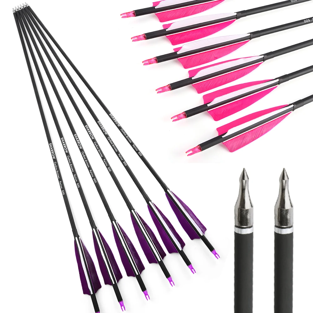 

12pcs Archery Carbon Arrows Spine 500 ID6.2mm OD7.8mm Replaceable 100Gr Arrow Points 4inch Turkey Feather Bow Hunting Shooting