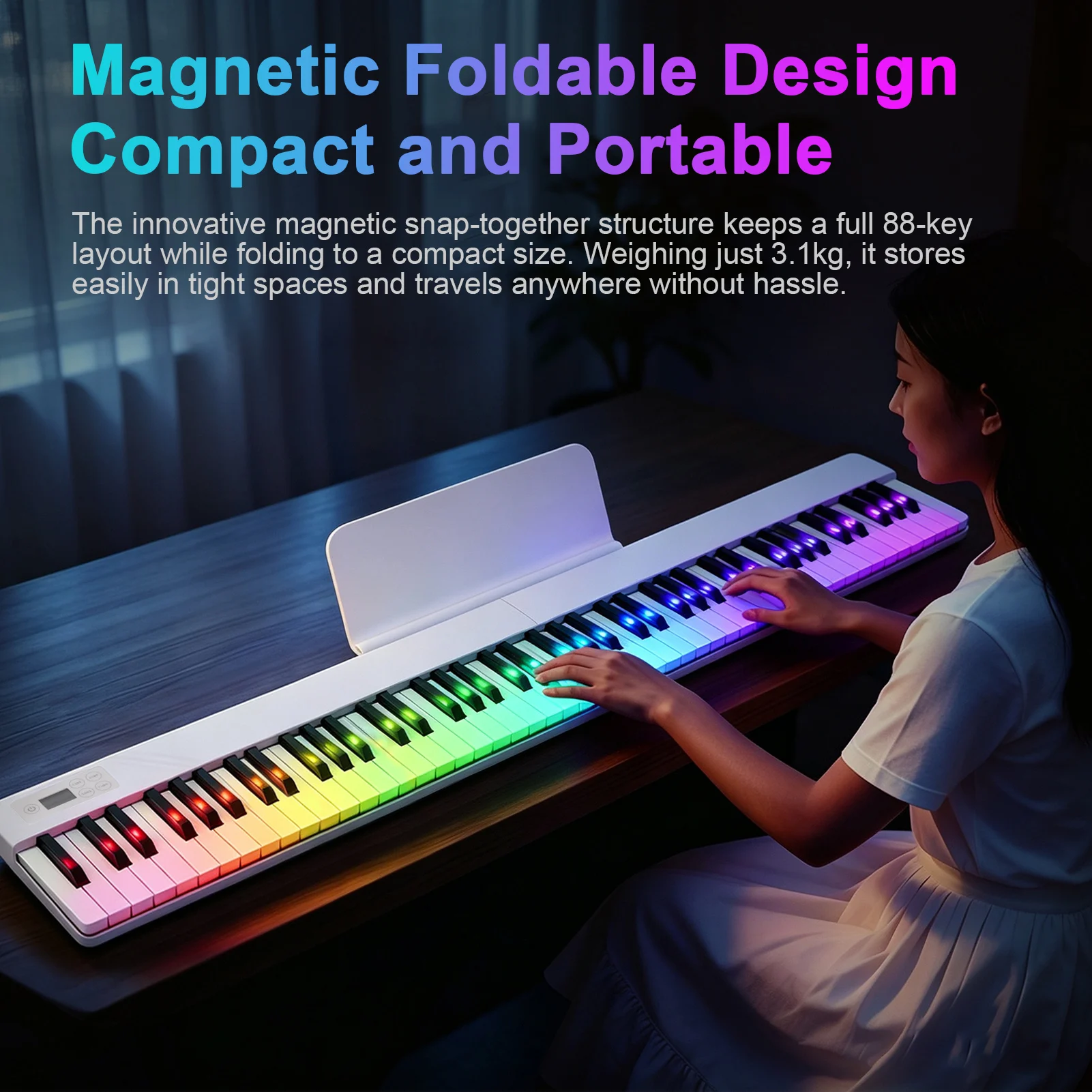 88-Key Magnetic Foldable Electronic Piano with Rainbow Light-Up Keys Portable Keyboard with Sustain Pedal 128 Tones 100 Rhythms