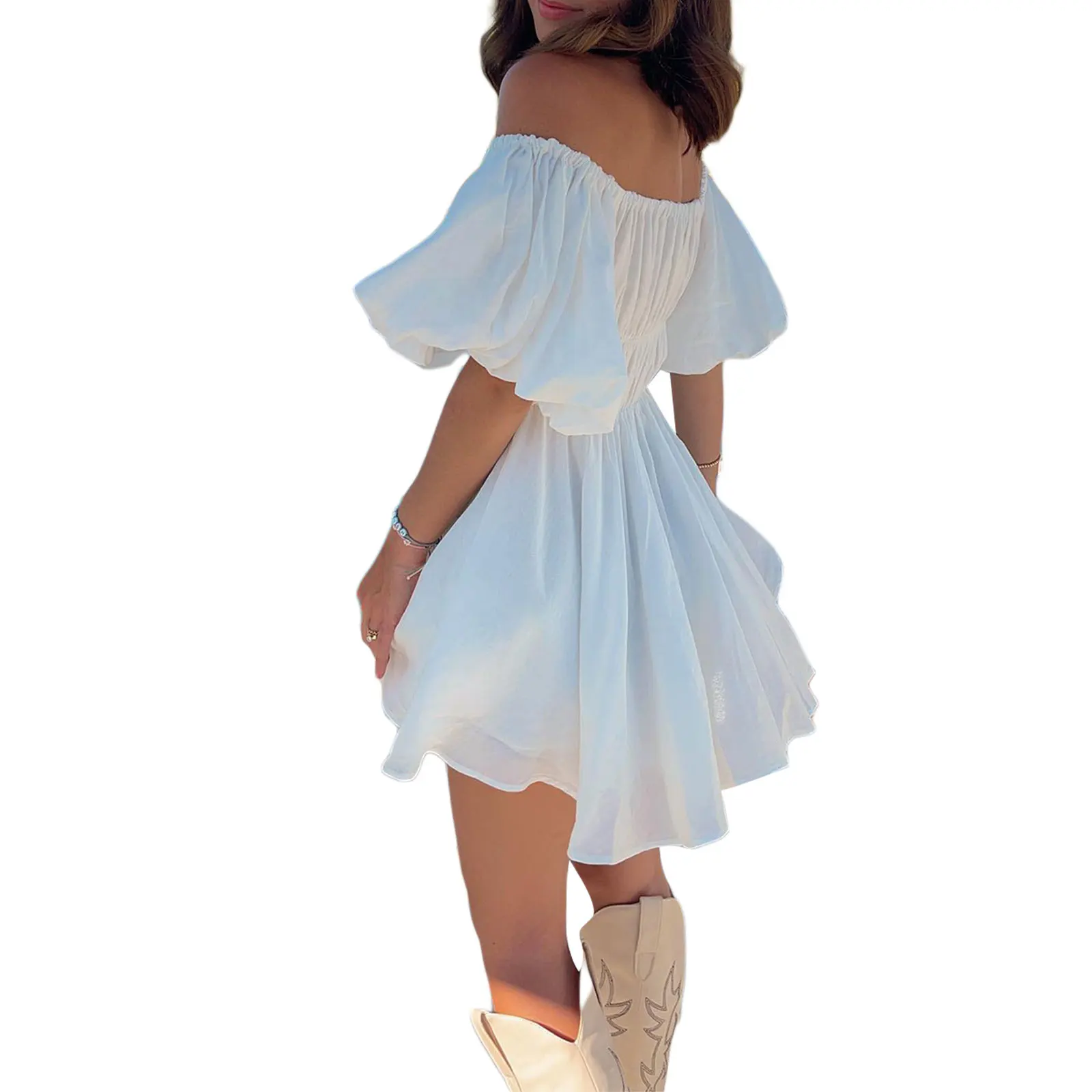 Robe d'été décontractée pour femmes, couleur unie, élégante, manches courtes bouffantes, épaules dénudées, tunique pour fête