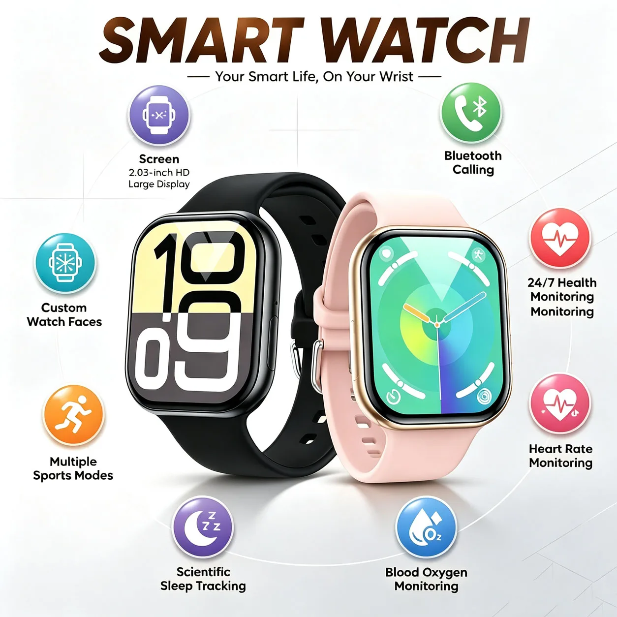 2026 New Smart Watch 2.03-inch Screen Bluetooth Call Health Monitoring GPS Track Sports Mode IOS Android Universal Smart Watch