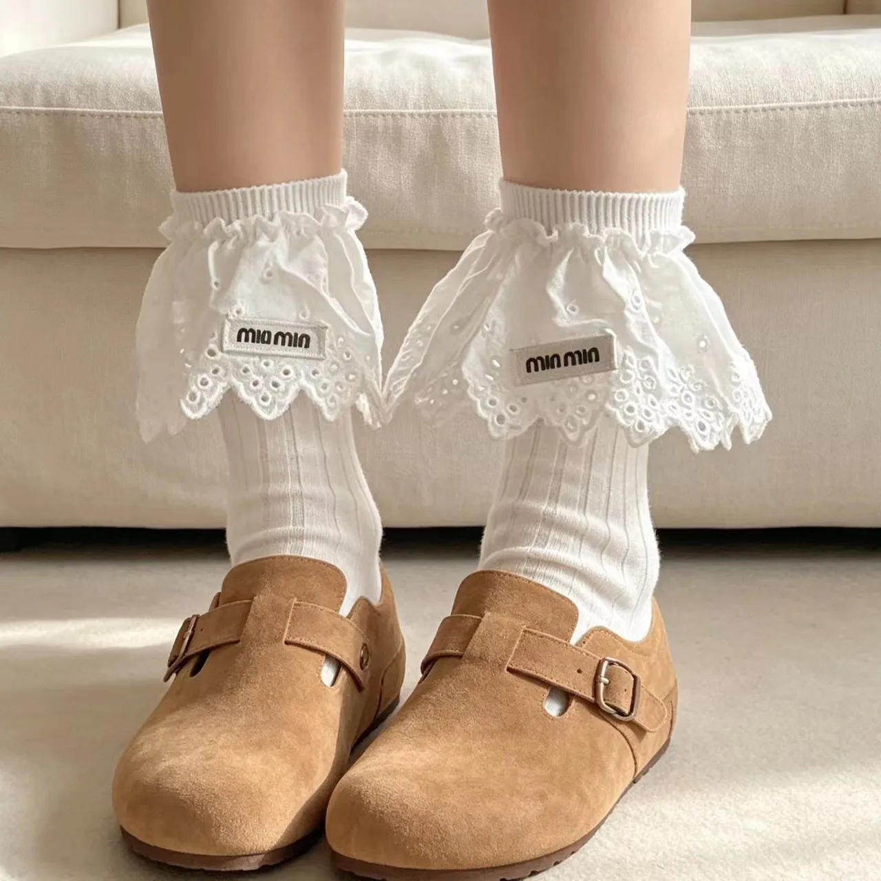 Ballet Ruffle Eyelet Lace Cuff Mid‑Calf Socks for Women Girl Sweet Layered Frilly Trim Knit Casual Daily Fashion Accessory Gift