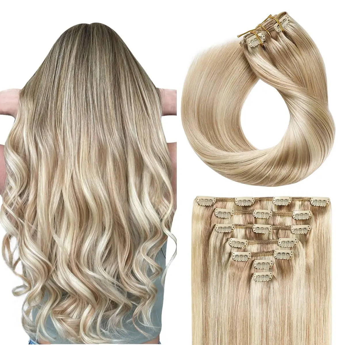 Ninaand-Remy Clip em extensões de cabelo, cabelo humano real, seda dupla trama, cinza loira, 120g, 7pcs