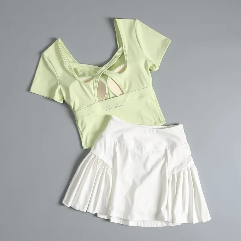 بدلة كرة الريشة تنورة التنس بدلة رياضية نسائية صيف 2025 جديد تشغيل المشي سرعة الجافة اللياقة البدنية دعوى اليوغا قميص بأكمام قصيرة #3