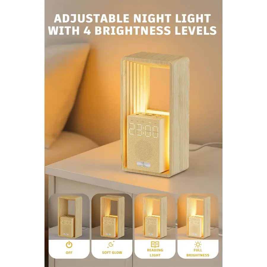 ساعة منبه مع ضوء WakeUp آلة صوت منبه مزدوج مع شاحن USB، 9 أصوات نوم، ضوء ليلي، شاشة عكس الضوء، توقيت تلقائي