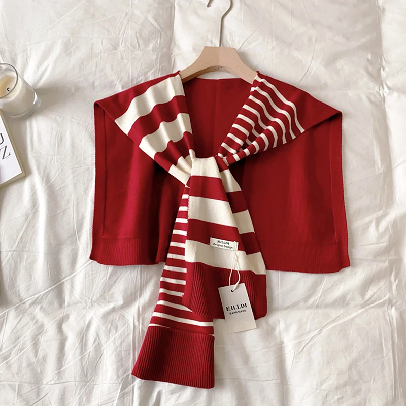 

Модная негабаритная вязаная шаль в черно-белую полоску для защиты шеи и моды