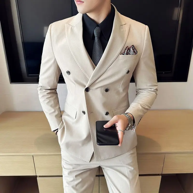 Traje de doble botonadura 3-A51 para hombre, traje formal de negocios de alta gama, corte ajustado, estilo coreano, estilo británico, traje de tres