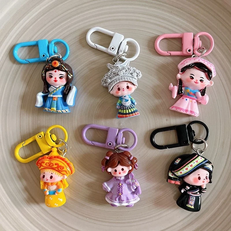 Cute Ethnic Style Girl Resin Charms Keychain Pendants Fashion Trend Key Ring For Bag Charm Accessories