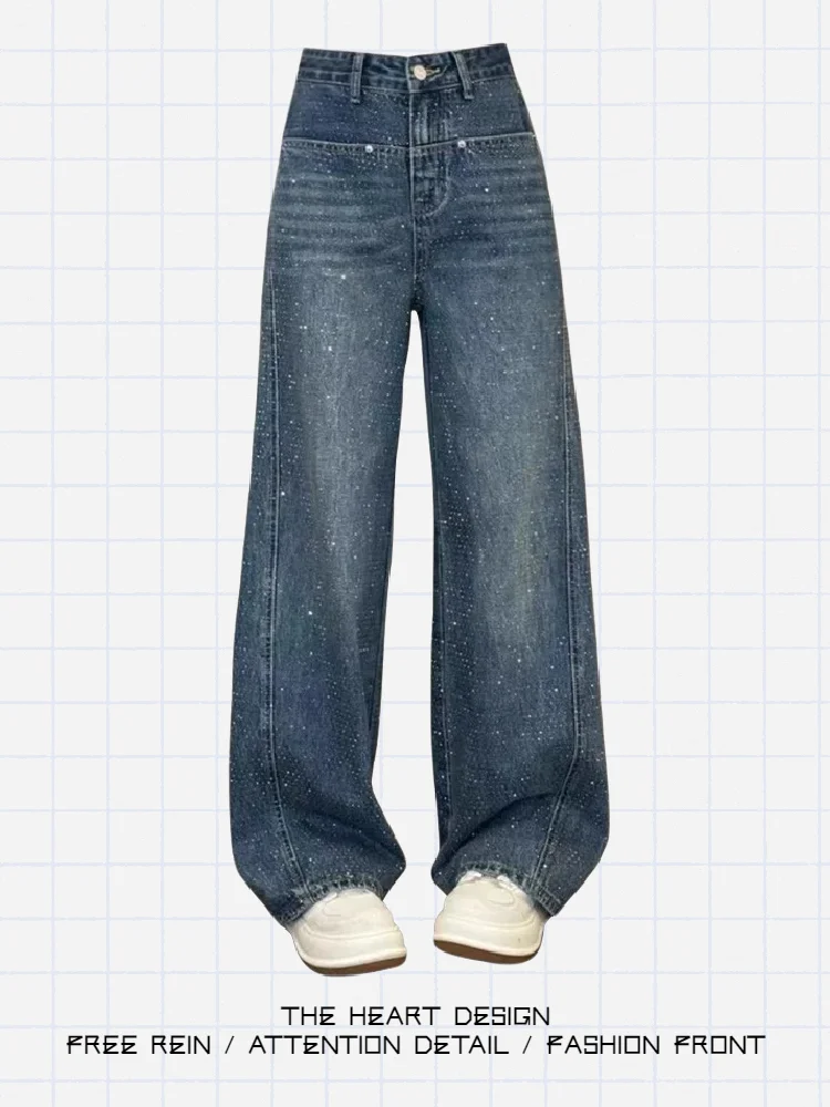 

Retro American Heavy Du Rhinestone Straight Leg Denim Jeans Women's Spring Autumn High Street Loose Slim Wide Leg Pants