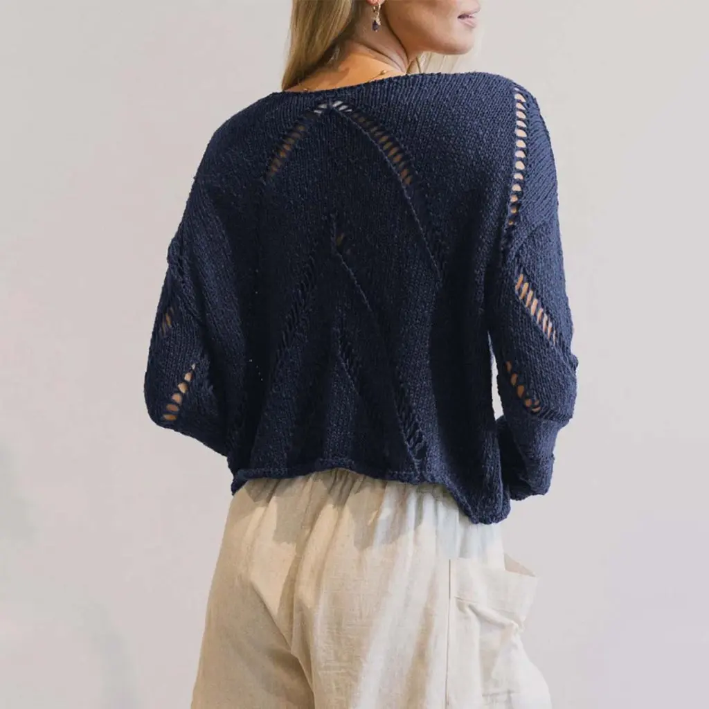 

Women's Pure Color Lazy Style Cut out Thin Knitwear Long-Sleeved Short Top European American Autumn New