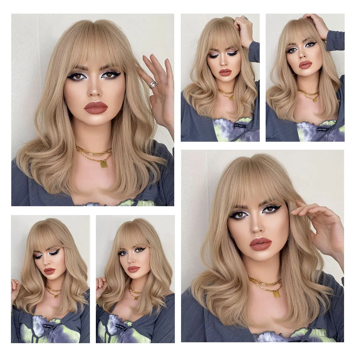 7JHH WIGS Honey Blonde Wig for Woman Daily Cosplay Natural Medium and Long Synthetic Hair Wigs with Bangs Heat Resistant Fiber