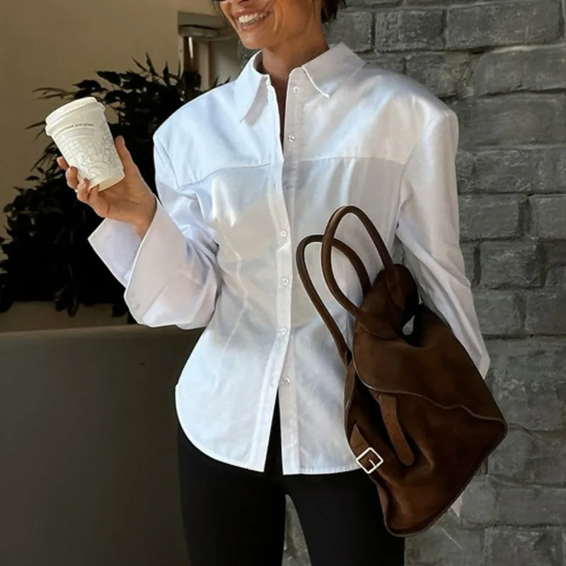 EAEOVNI Weißes, modisches Hemd mit geraffter Taille für Damen, Revers, lange Ärmel, einfarbig, Knopf, vielseitige Tops, 2025, Neu 1A1677