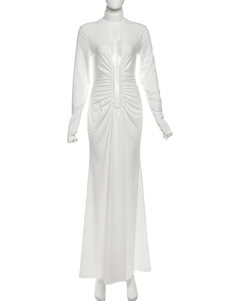 เดรสแฟชั่นเซ็กซี่เว้าหลังสำหรับผู้หญิง สไตล์ใหม่ประจำฤดูใบไม้ร่วง คอเต่า แขนยาว ผ่าสูง งานกลางคืน งานพรอม งานปาร์ตี้ ดีไซน์หรูหรา ทรงเข้ารูป