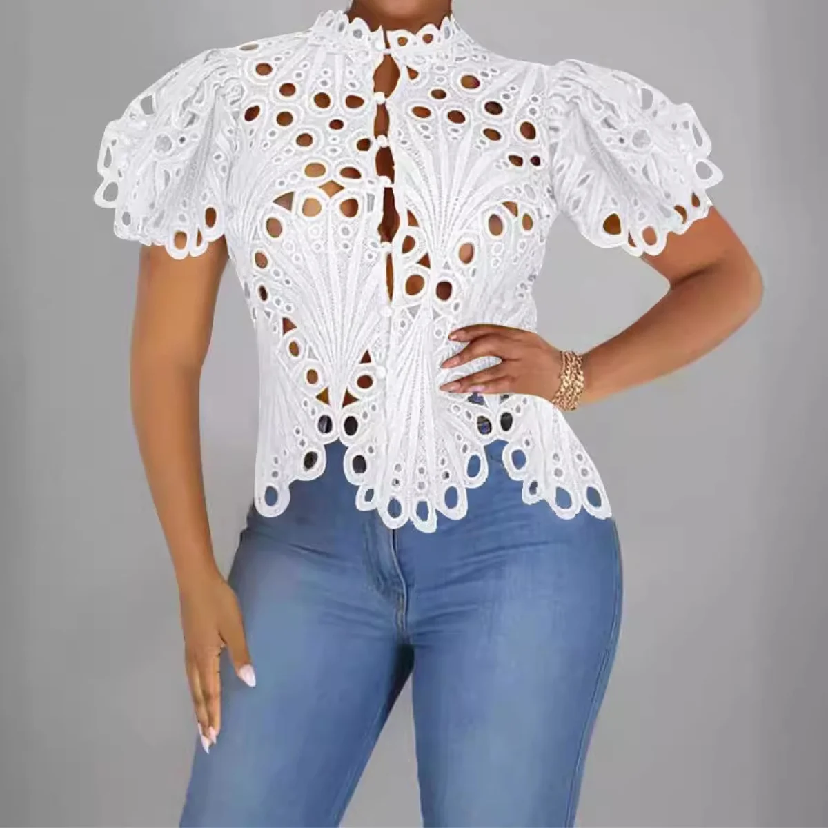 

Hollow Out See Through Tops Cardigan Shirts Women Elegant Short Sleeve Blouse 2025 Summer Fashion Long And Short Sleeve Clothing