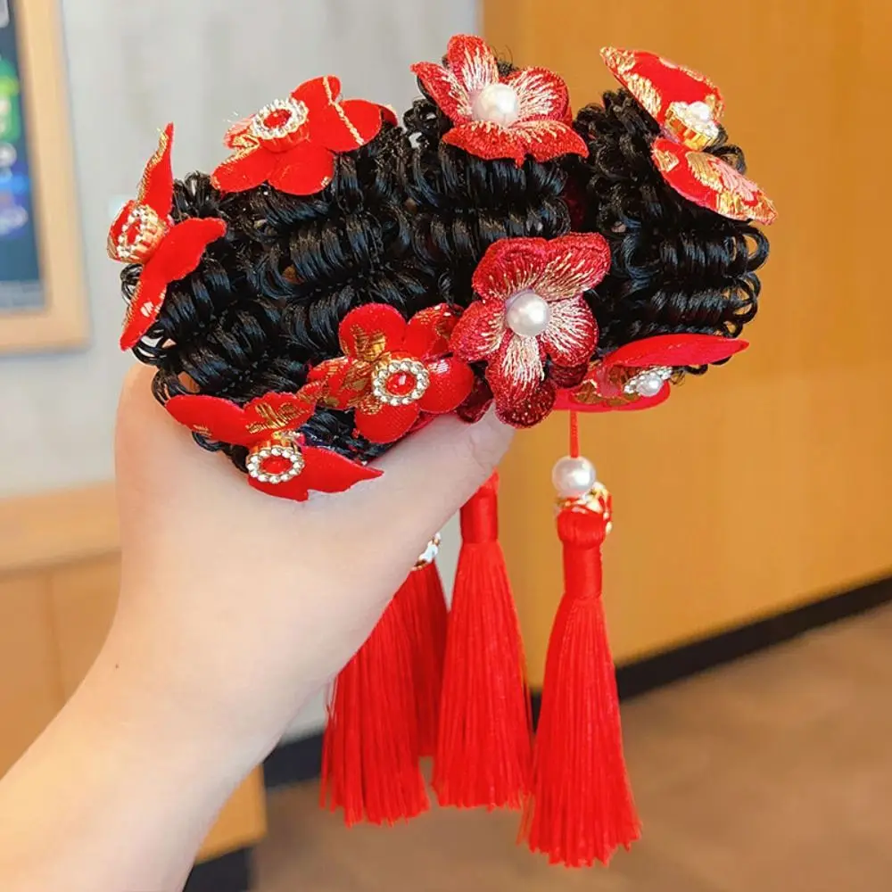 

Tassel Bow Wig Braid Hair Rope Flower Cloth Children Hanfu Hair Ring Ponytail Holder Red Chinese New Year Headwear Girls