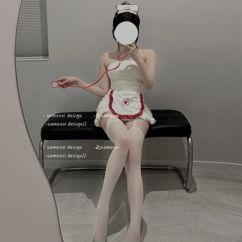 Sexy Strapless See Through Nurse Uniform Temptation White Short Dress Hot Passion Suit Role Play Exotic Kawaii Lingerie Cosplay