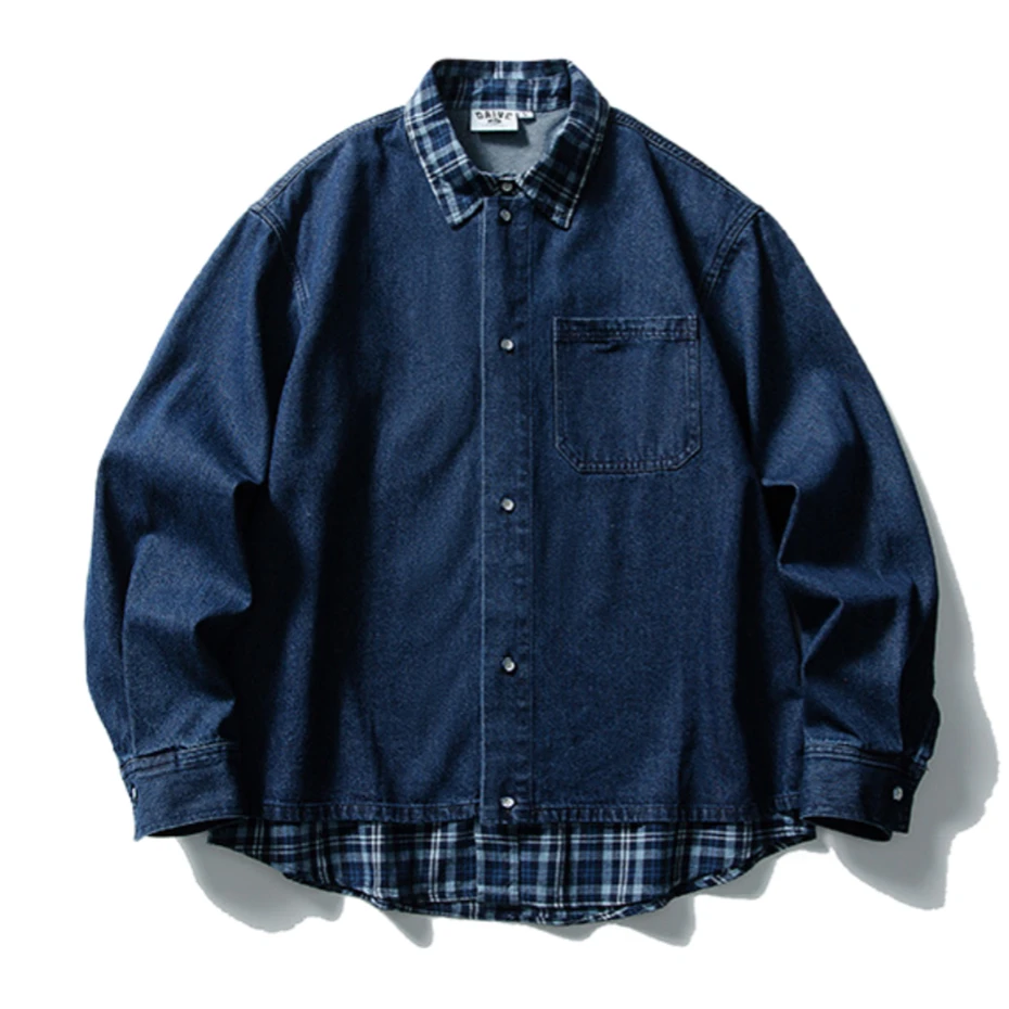 

Vintage Patchwork Shirts Mens Fake Two Pieces Long Sleeve Shirt for Men Oversized Streetwear Harajuku Cotton Casual Blouse Coats