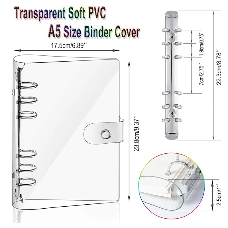 2 Pcs A6 6-Ring Rainbow Clear PVC Binder Cover riutilizzabile Notebook Binder Protector Loose Leaf Planner Binder Cover Multicolor