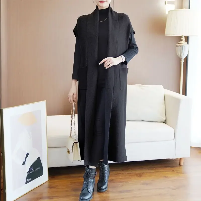 2024 Autumn/Winter Cardigan Windbreaker Women\'s Loose Sweater Suit Solid Tank Top Long Knitted Coat Style X191