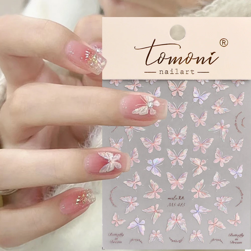 Aurora Shell Borboleta Nail Art Sticker, DIY Manicure Acessório, Luz Rosa, 3D Decoração Design, 1/3 pcs