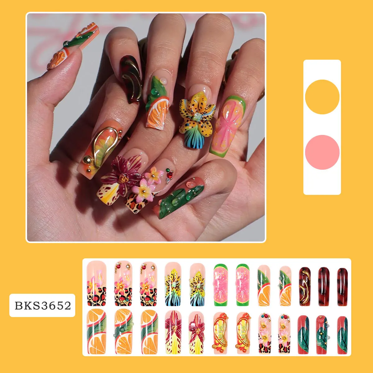 24Pcs Machine Made Press On Nails Long Square Tropical Nail Art 3D Flower&Orange Slice Reusable False Nail Tips for Women&Girl